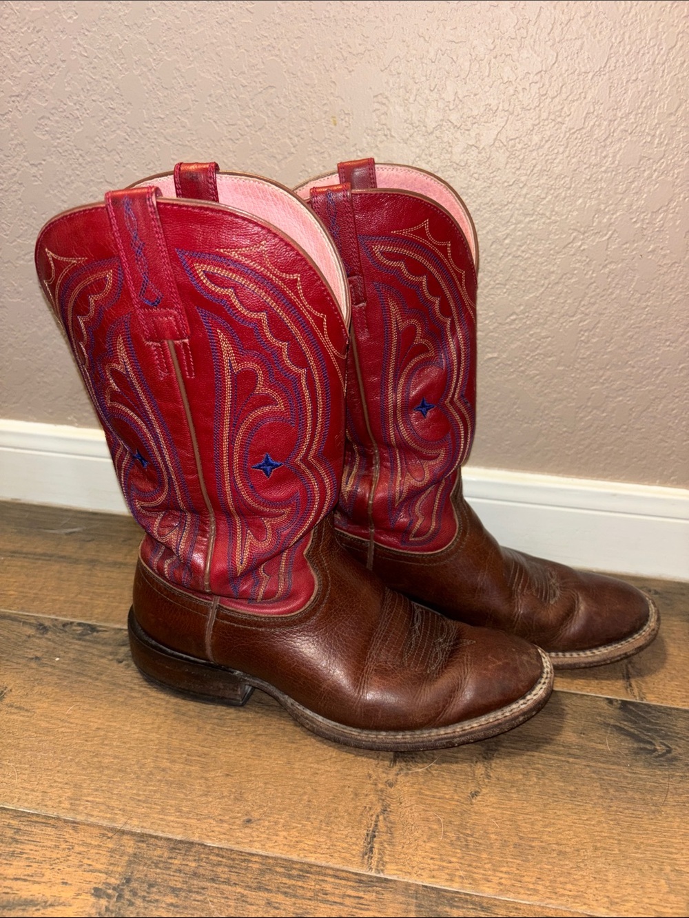 Ariat Brown Leather Foot Western Boots with Red Embroidered Shaft
